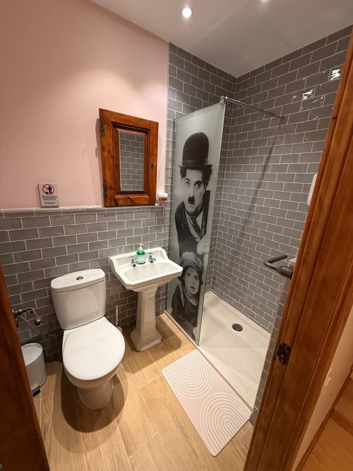 Baño reformado con azulejo tipo metro gris, lavabo de pedestal clásico y mampara decorada